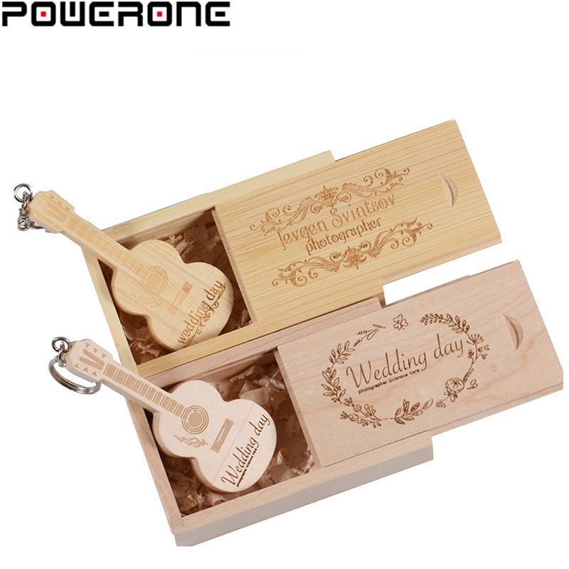 POWERONE logo personalizzato gratuito legno chitarra pen drive chitarre usb flash drive memory Stick pendrive 64GB 16GB 32GB regalo portachiavi in ​​metallo